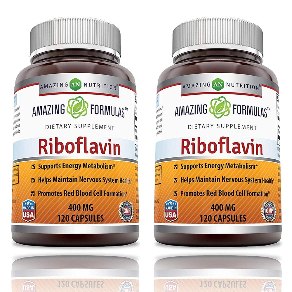 Amazing Nutrition Amazing Formulas riboflavin 400mg bottle highlights non-GMO and gluten-free daily support
