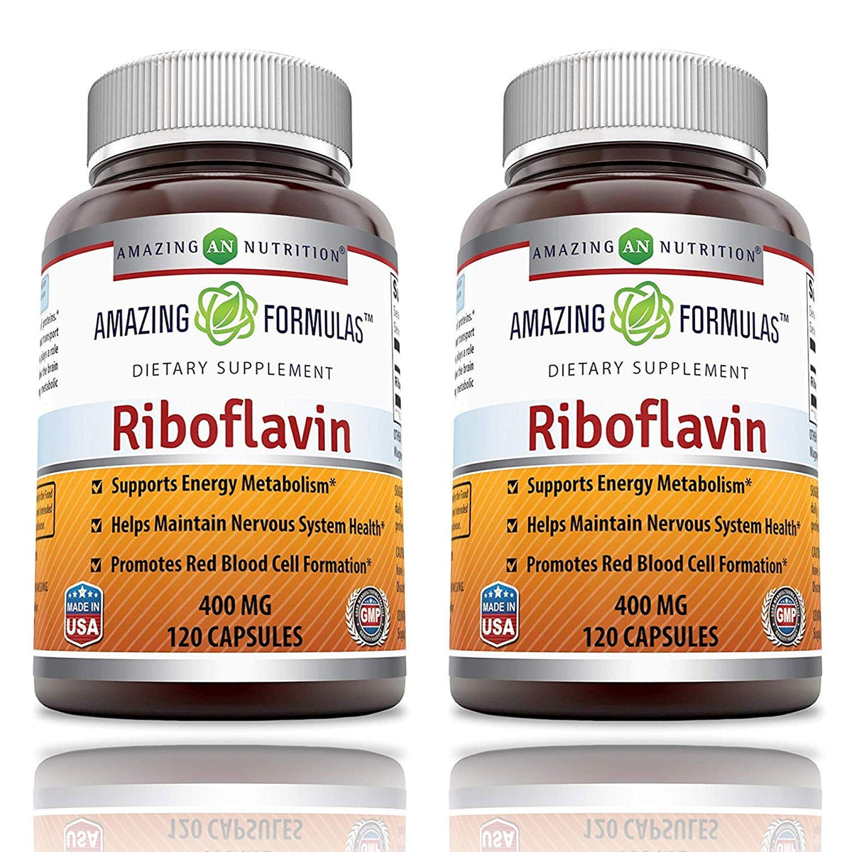 Amazing Nutrition Amazing Formulas riboflavin 400mg bottle highlights non-GMO and gluten-free daily support
