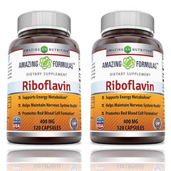 Amazing Nutrition Amazing Formulas riboflavin 400mg bottle highlights non-GMO and gluten-free daily support