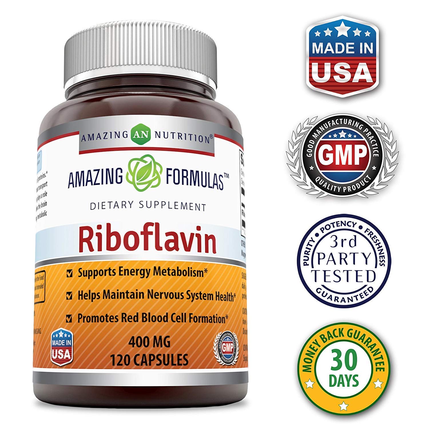 Amazing Nutrition Amazing Formulas riboflavin 400mg capsule closeup emphasizes potency and purity