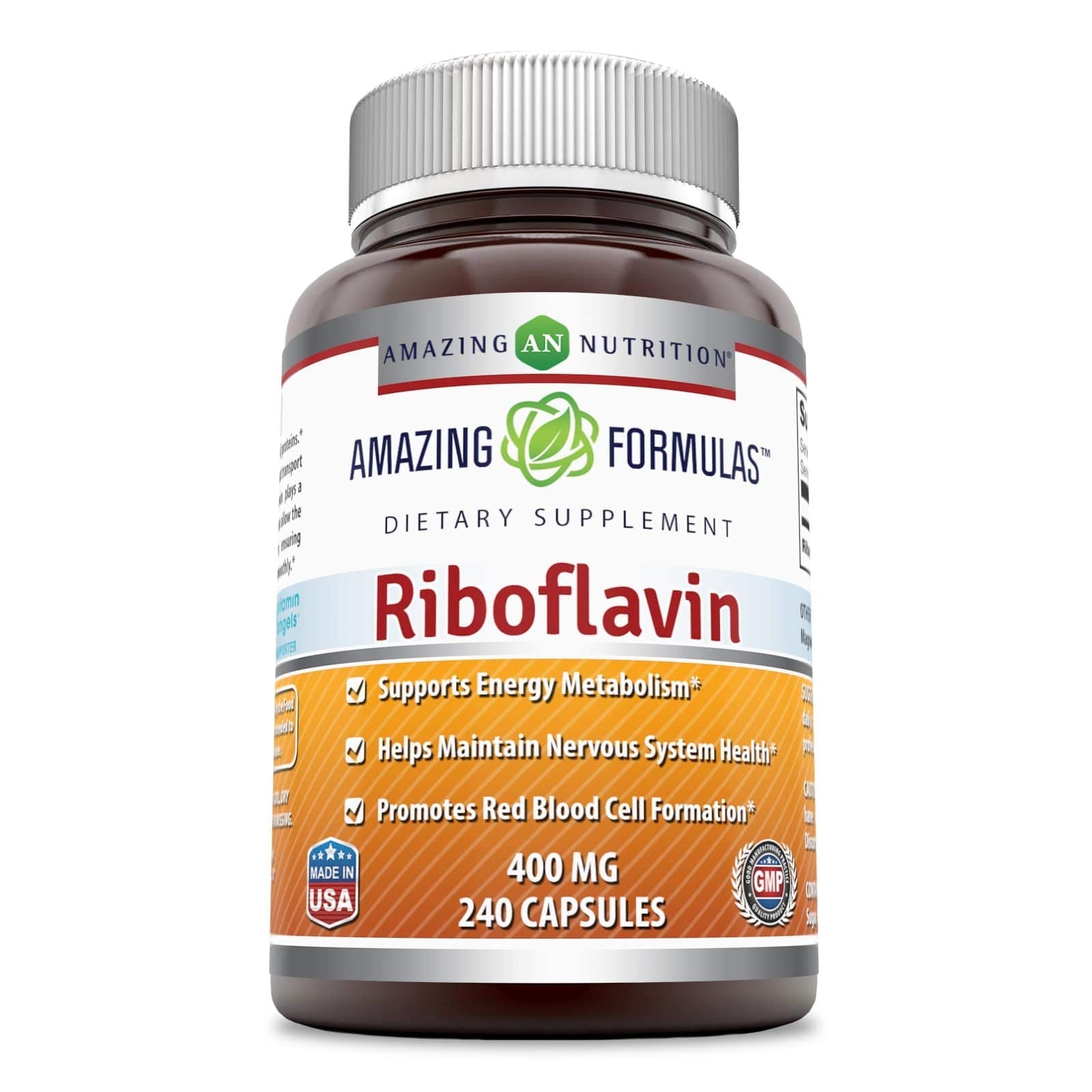 Amazing Nutrition Amazing Formulas riboflavin bottle visual shows 400 mg per serving for healthier blood