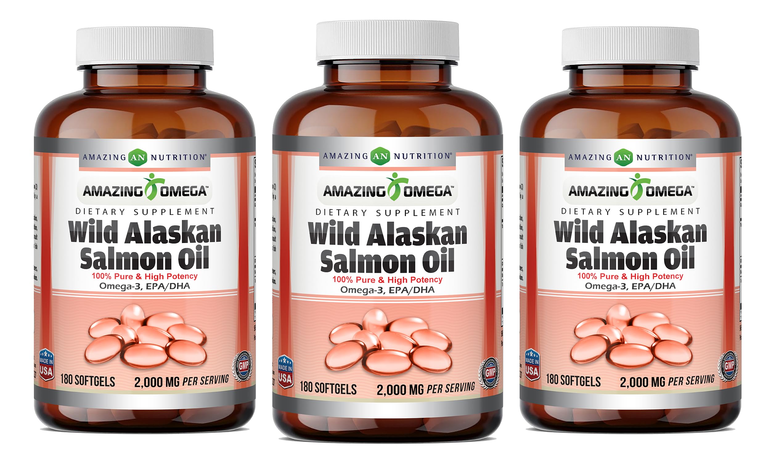 Amazing Nutrition Omega Salmon Oil bottle with 2000 mg per serving for daily omega-3.