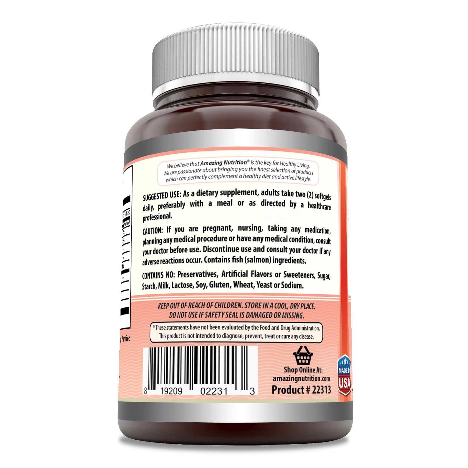 Amazing Nutrition Amazing Omega Wild Salmon Oil softgels packaging shows USA-made, third-party tested quality