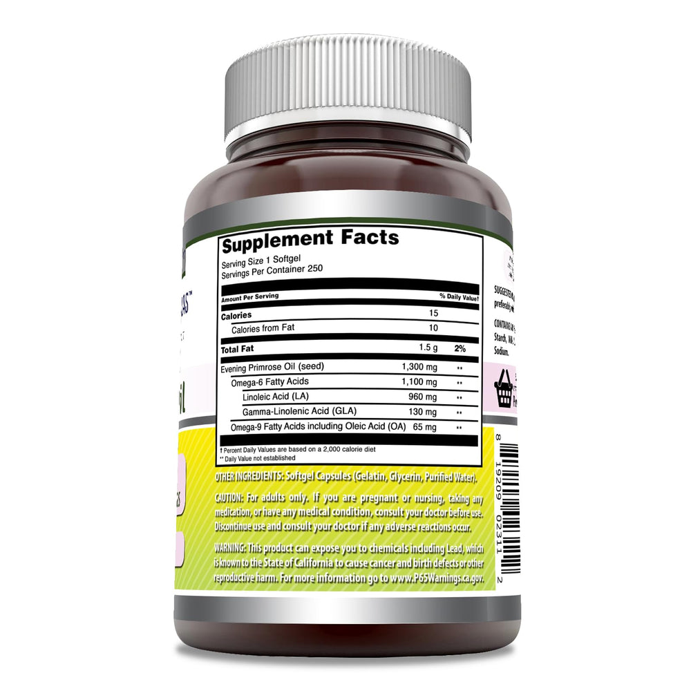 Amazing Nutrition Evening Primrose Oil label close-up highlighting GMP-compliant quality.