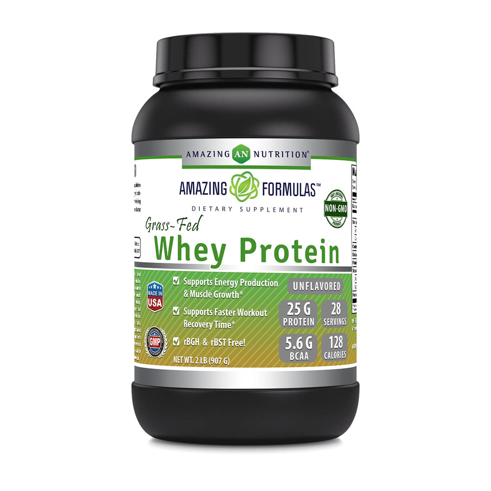 Amazing Nutrition grass-fed whey bottle front highlights a clean protein source for workouts.