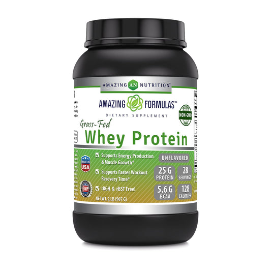Amazing Nutrition grass-fed whey bottle front highlights a clean protein source for workouts.