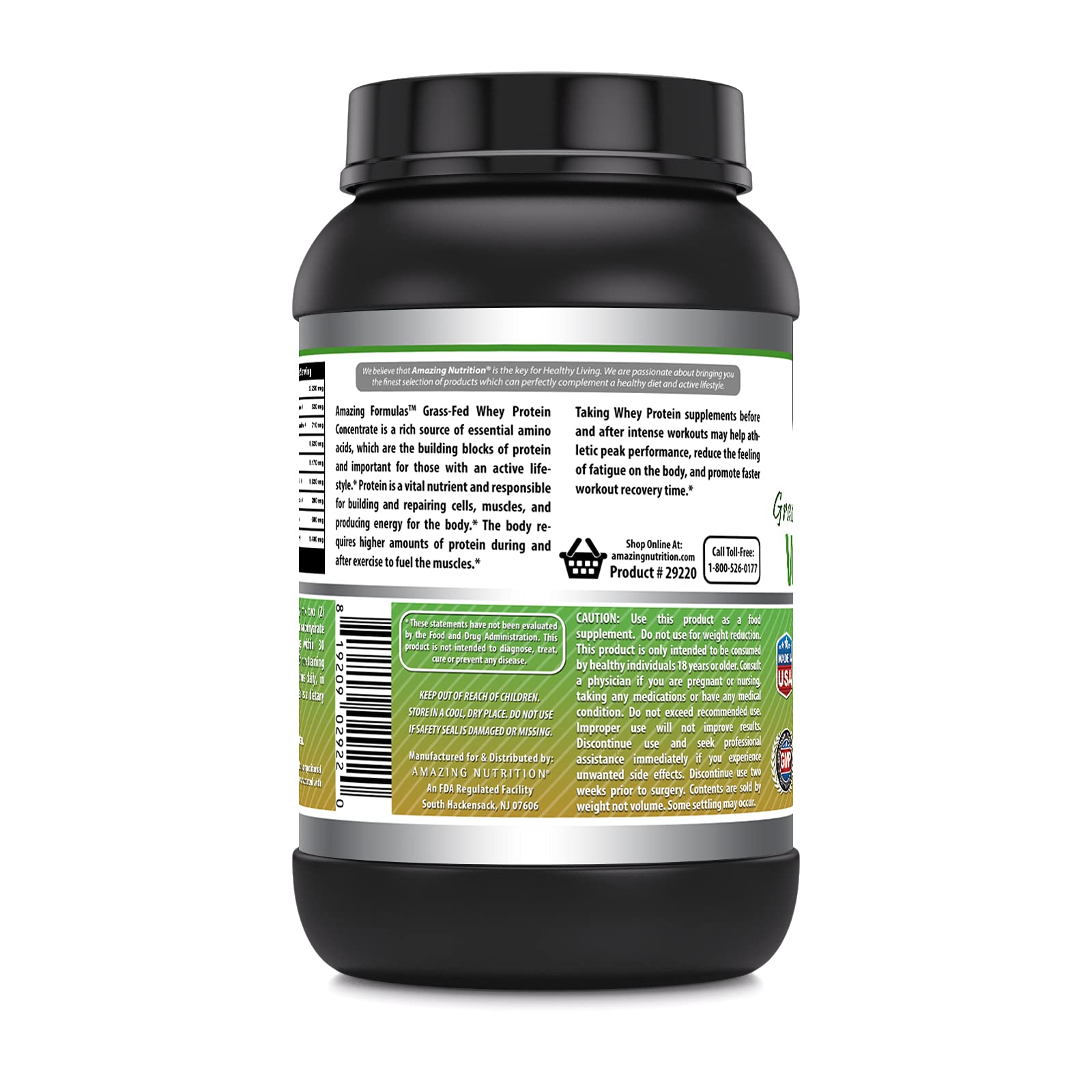 Amazing Nutrition grass-fed whey powder USA-made labeling signals purity and quality.