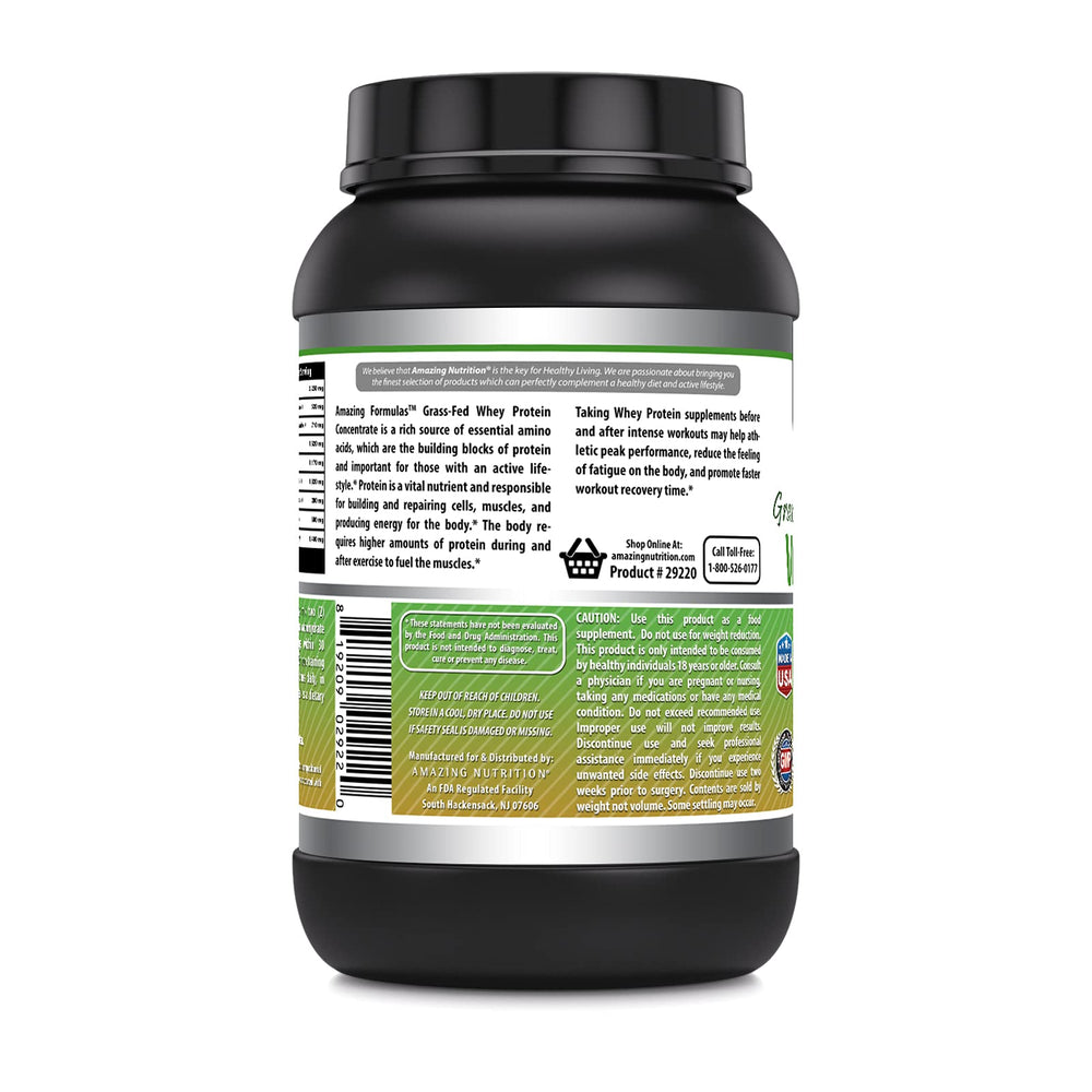 Amazing Nutrition grass-fed whey powder USA-made labeling signals purity and quality.