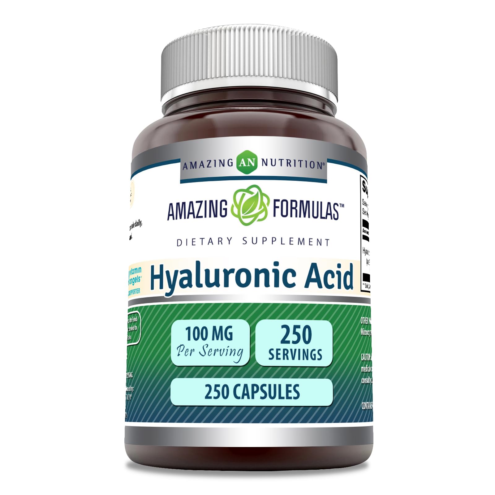 Amazing Nutrition Hyaluronic Acid 100mg capsules close-up indicating purity and smooth finish