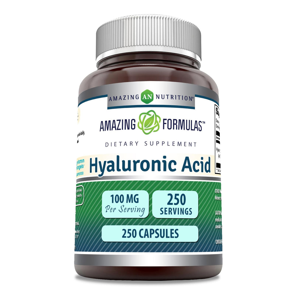 Amazing Nutrition Hyaluronic Acid 100mg capsules close-up indicating purity and smooth finish