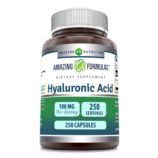 Amazing Nutrition Hyaluronic Acid 100mg capsules close-up indicating purity and smooth finish