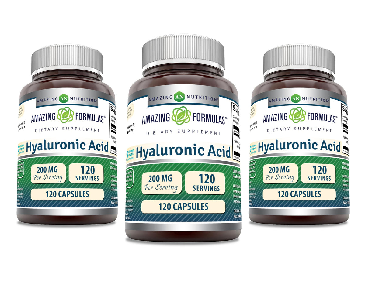 Amazing Nutrition Hyaluronic Acid capsules bottle front for daily hydration potential.