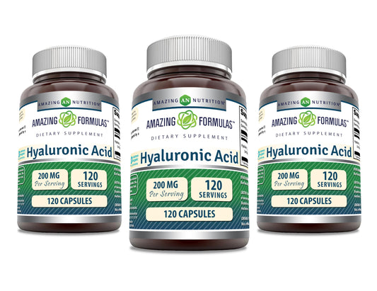 Amazing Nutrition Hyaluronic Acid capsules bottle front for daily hydration potential.