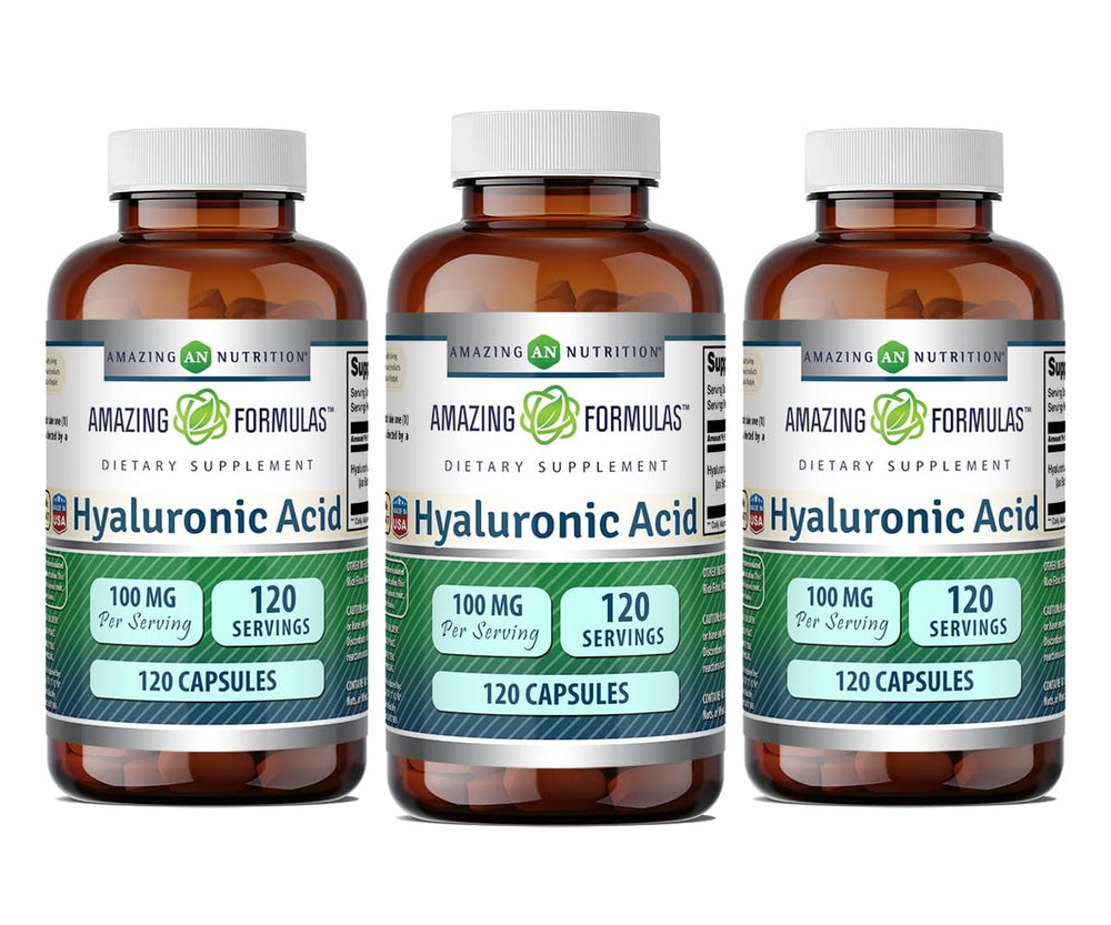 Amazing Nutrition Hyaluronic Acid bottle showing daily hydration support.