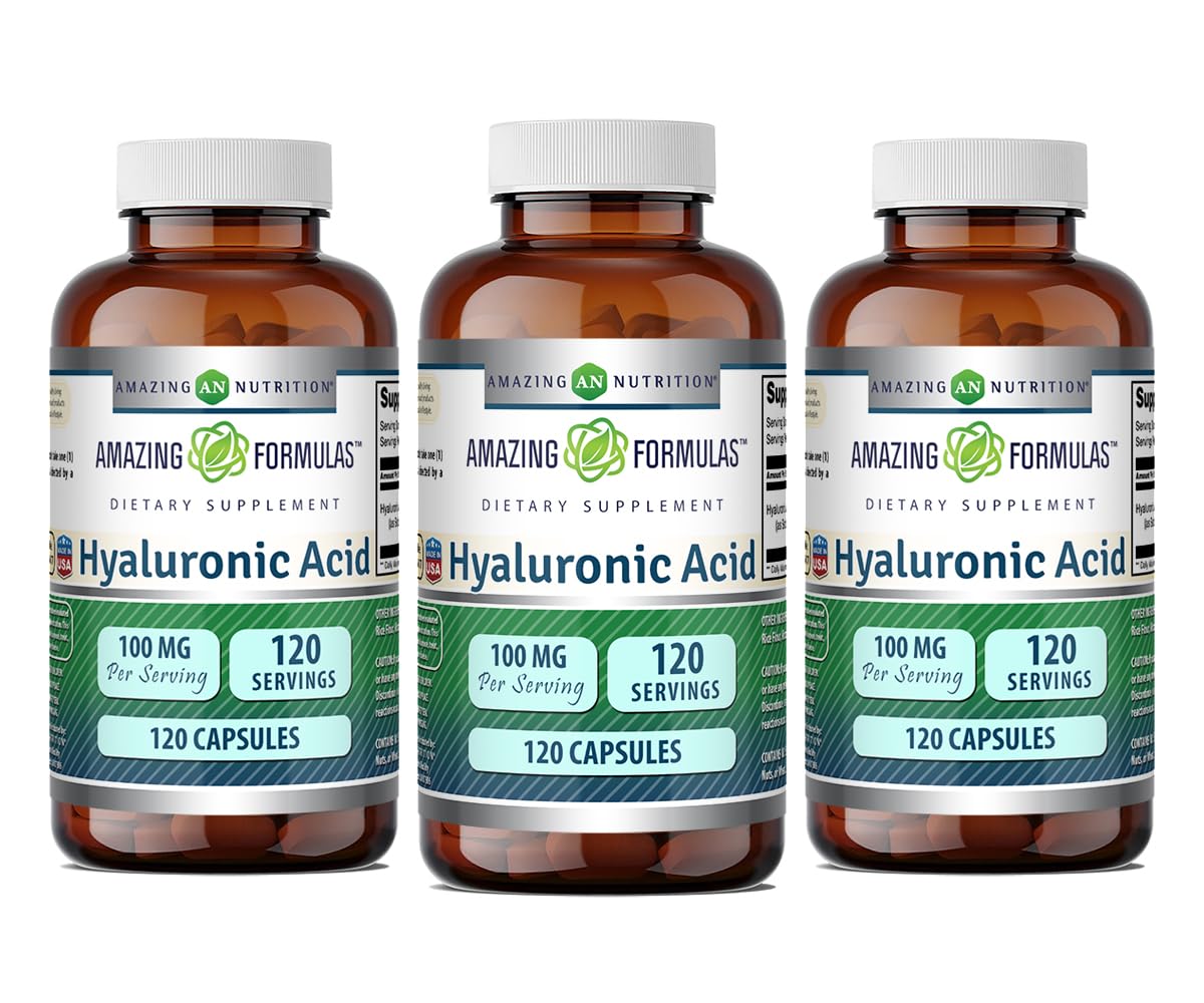 Amazing Nutrition Hyaluronic Acid bottle showing daily hydration support.