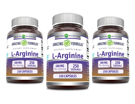 Amazing Nutrition L-Arginine bottle shows 500 mg per serving for daily support