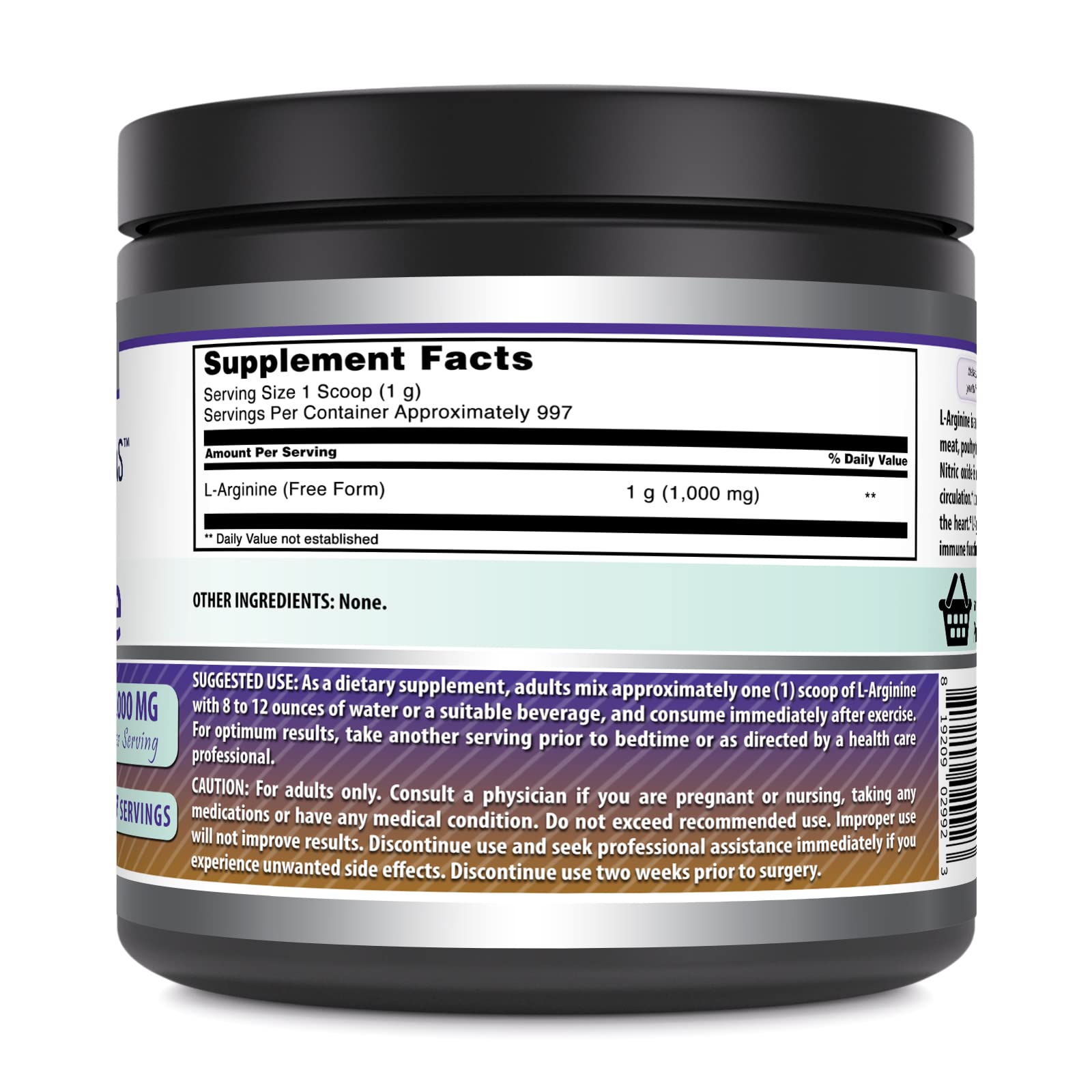 Amazing Nutrition L-Arginine powder bottle with scoop emphasizes USA-made potency and easy mixing