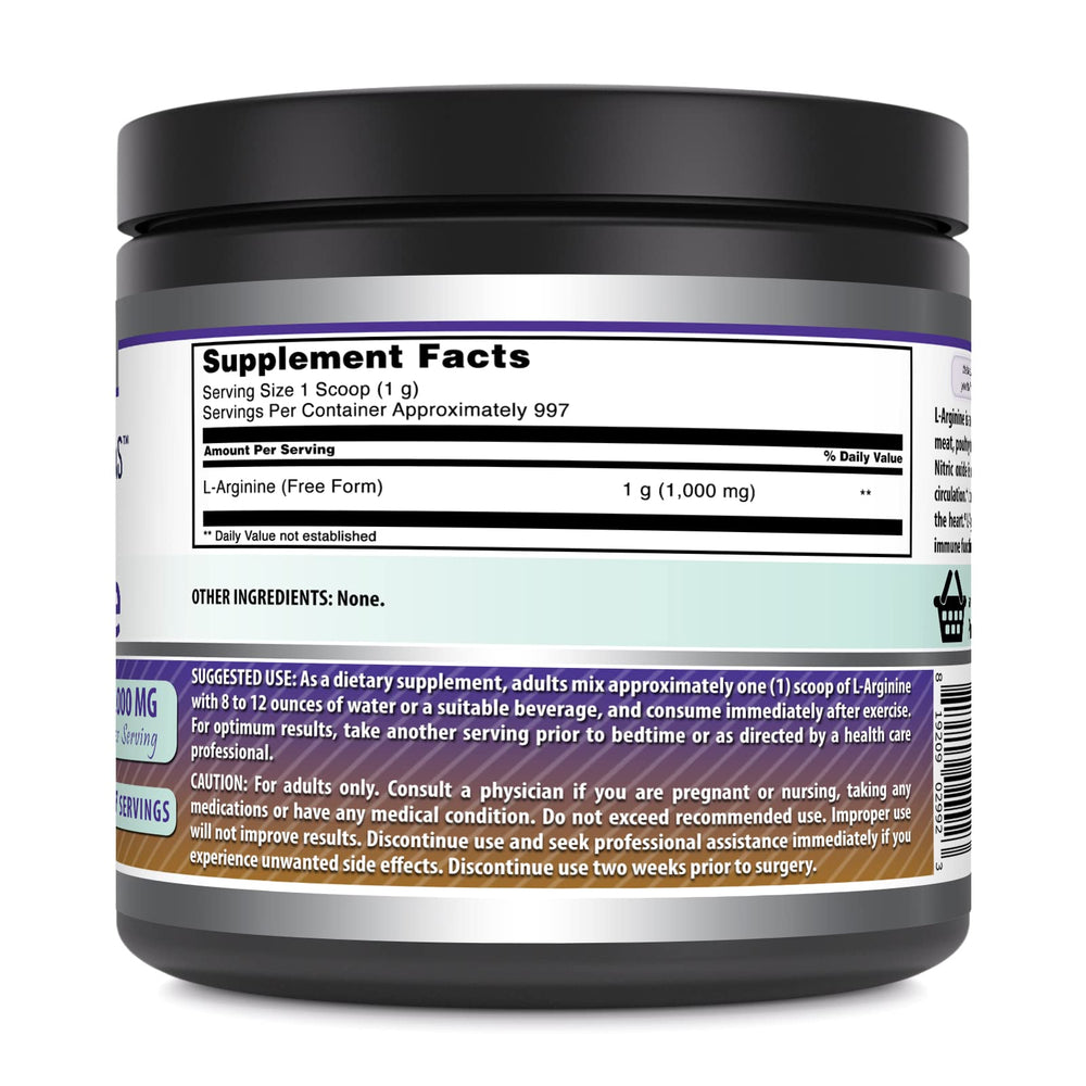 Amazing Nutrition L-Arginine powder bottle with scoop emphasizes USA-made potency and easy mixing