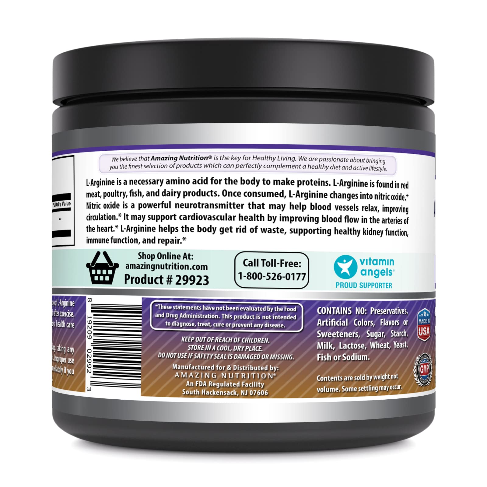 Amazing Nutrition L-Arginine powder label closeup shows GMP standards and third-party testing