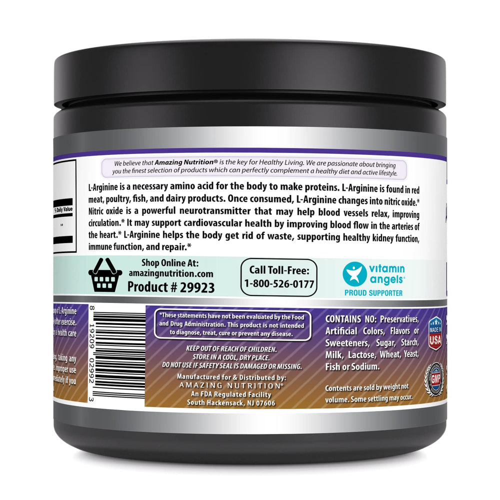 Amazing Nutrition L-Arginine powder label closeup shows GMP standards and third-party testing