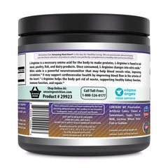 Amazing Nutrition L-Arginine powder label closeup shows GMP standards and third-party testing