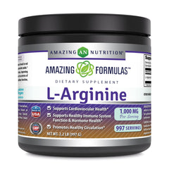 Amazing Nutrition L-Arginine powder packaging highlights non-GMO gluten-free formula for support