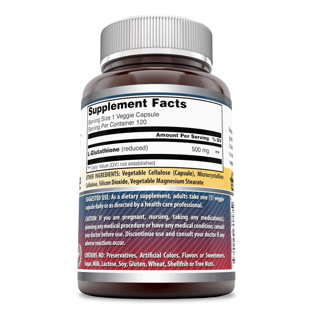 Amazing Nutrition L-Glutathione bottle back label with supplement facts and ingredients.