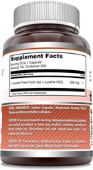 Amazing Nutrition L-Lysine 500 mg capsules bottle back highlighting non-GMO and gluten-free features.