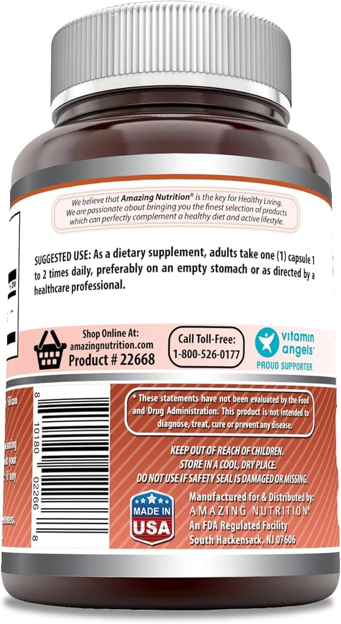 Amazing Nutrition L-Lysine 500 mg capsules serving illustrates 250 servings per bottle.