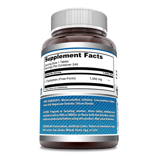 Amazing Nutrition L-Tryptophan 1000mg tablets being poured for easy daily serving.