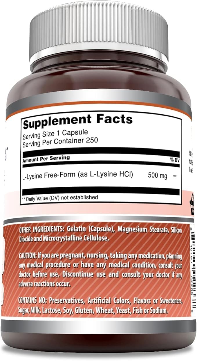 Close-up of Amazing Formulas L-Lysine 500 mg capsules