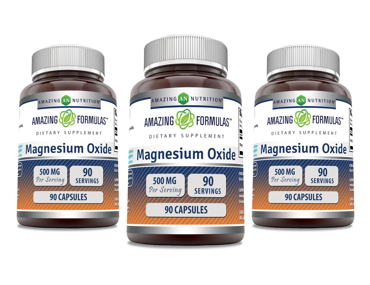 Amazing Nutrition magnesium oxide 500mg bottle, easy-to-take capsules for daily wellness.