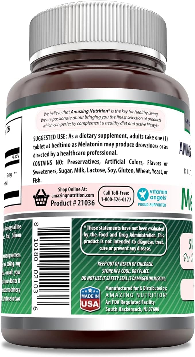 Amazing Nutrition Melatonin 5 mg tablets 3-pack packaging offers value for nightly use.