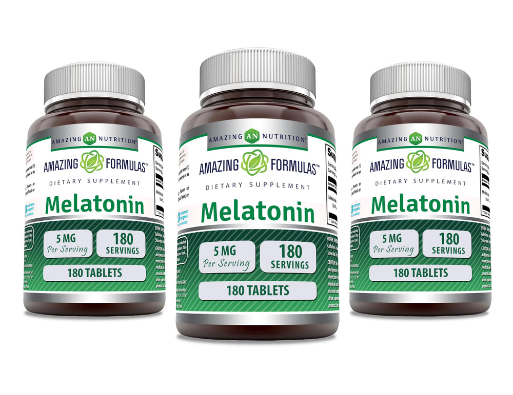 Amazing Nutrition Melatonin 5 mg tablets bottle promotes a calmer nightly routine.