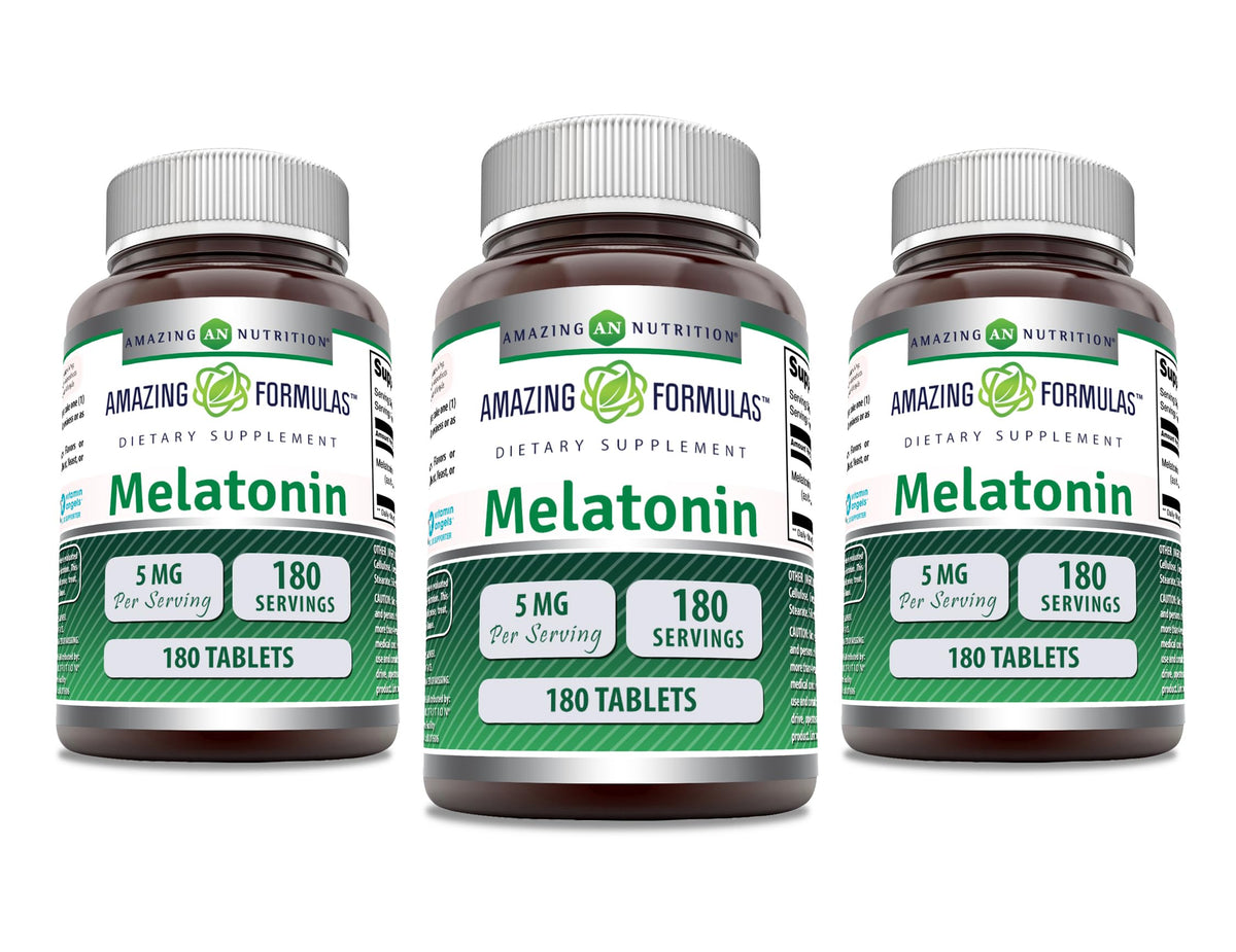 Amazing Nutrition Melatonin 5 mg tablets bottle promotes a calmer nightly routine.
