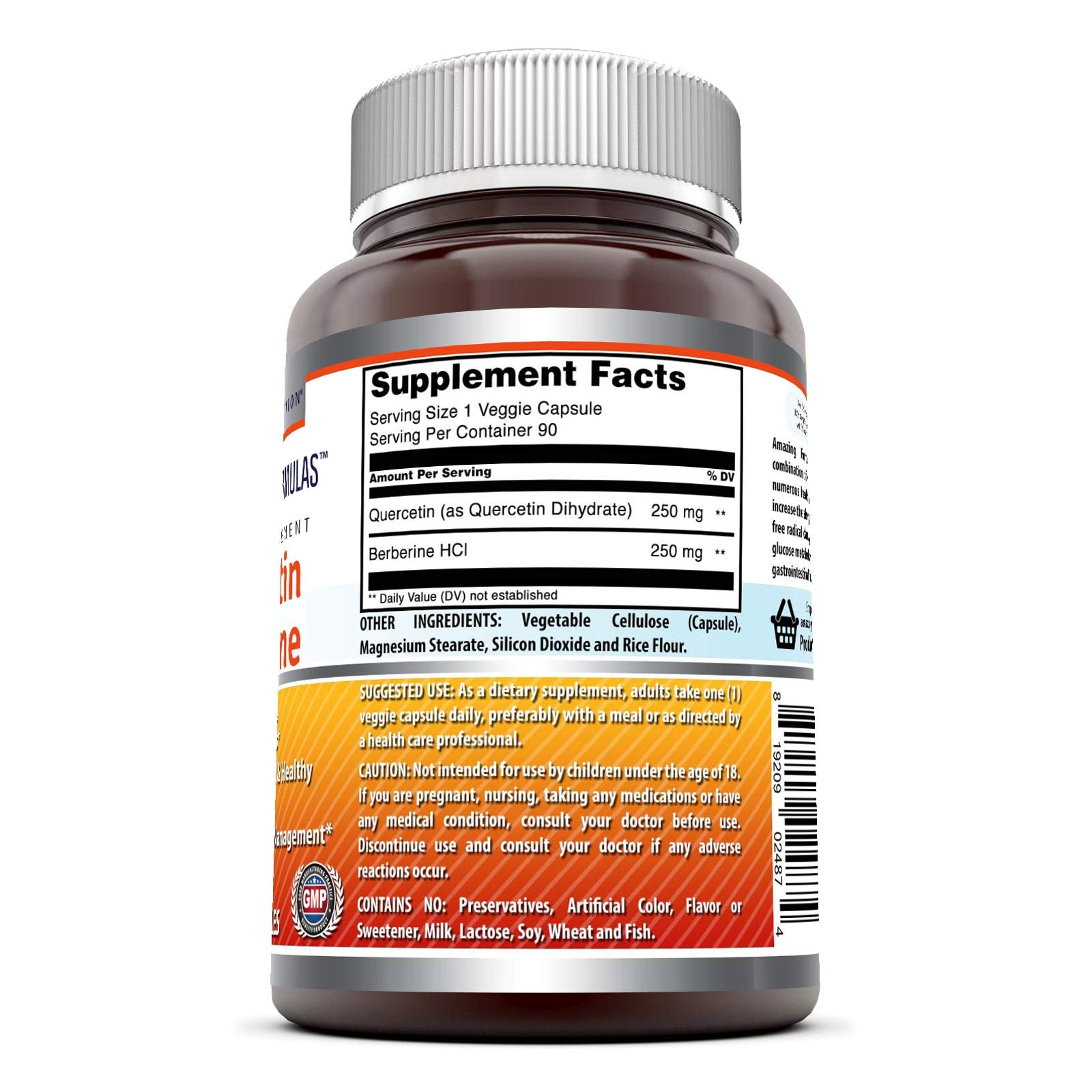 Amazing Nutrition Quercetin Berberine label highlights non-GMO and gluten-free features