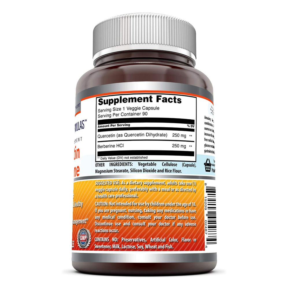Amazing Nutrition Quercetin Berberine label highlights non-GMO and gluten-free features