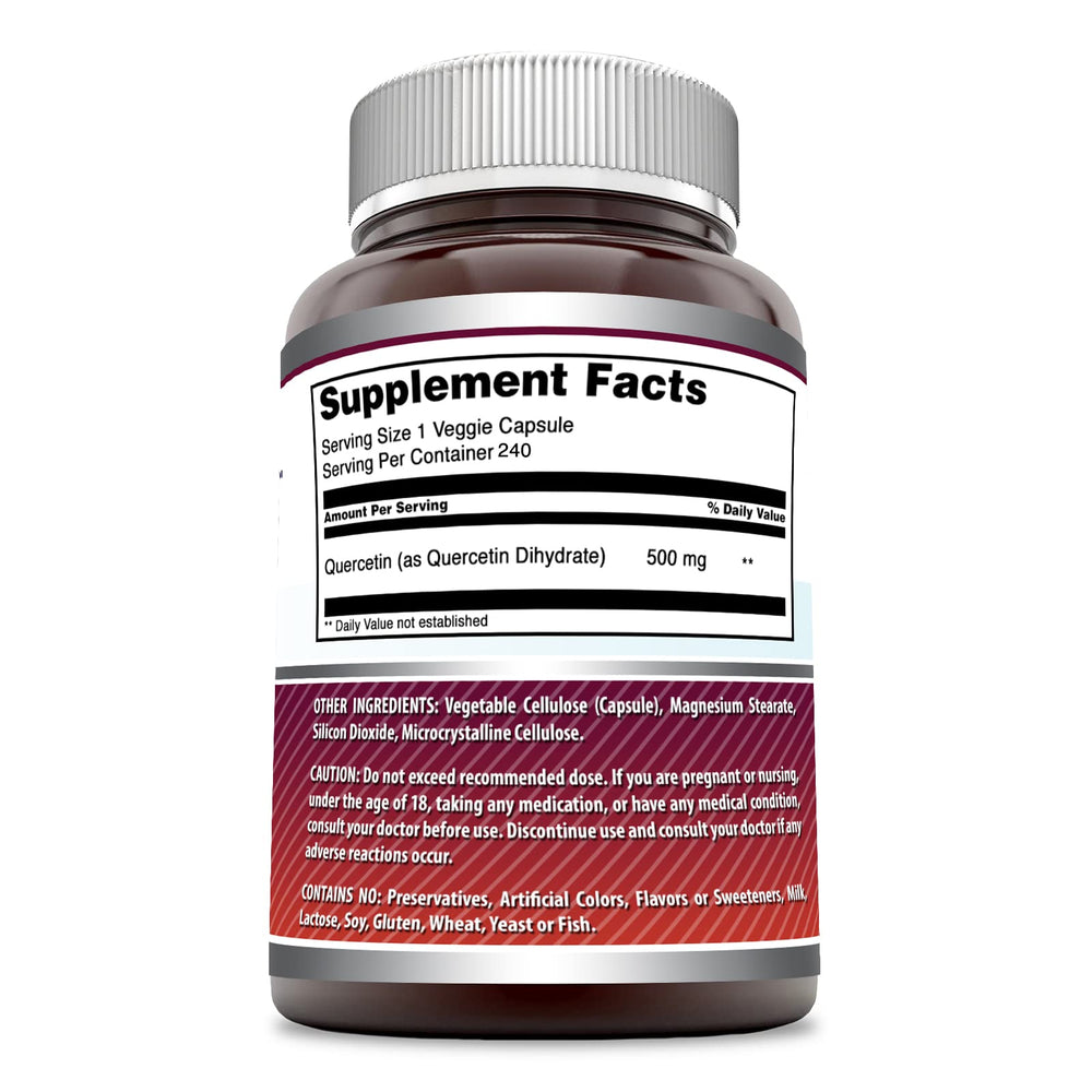 Amazing Nutrition Quercetin bottle back—gluten-free, non-GMO labeling and purity guarantee