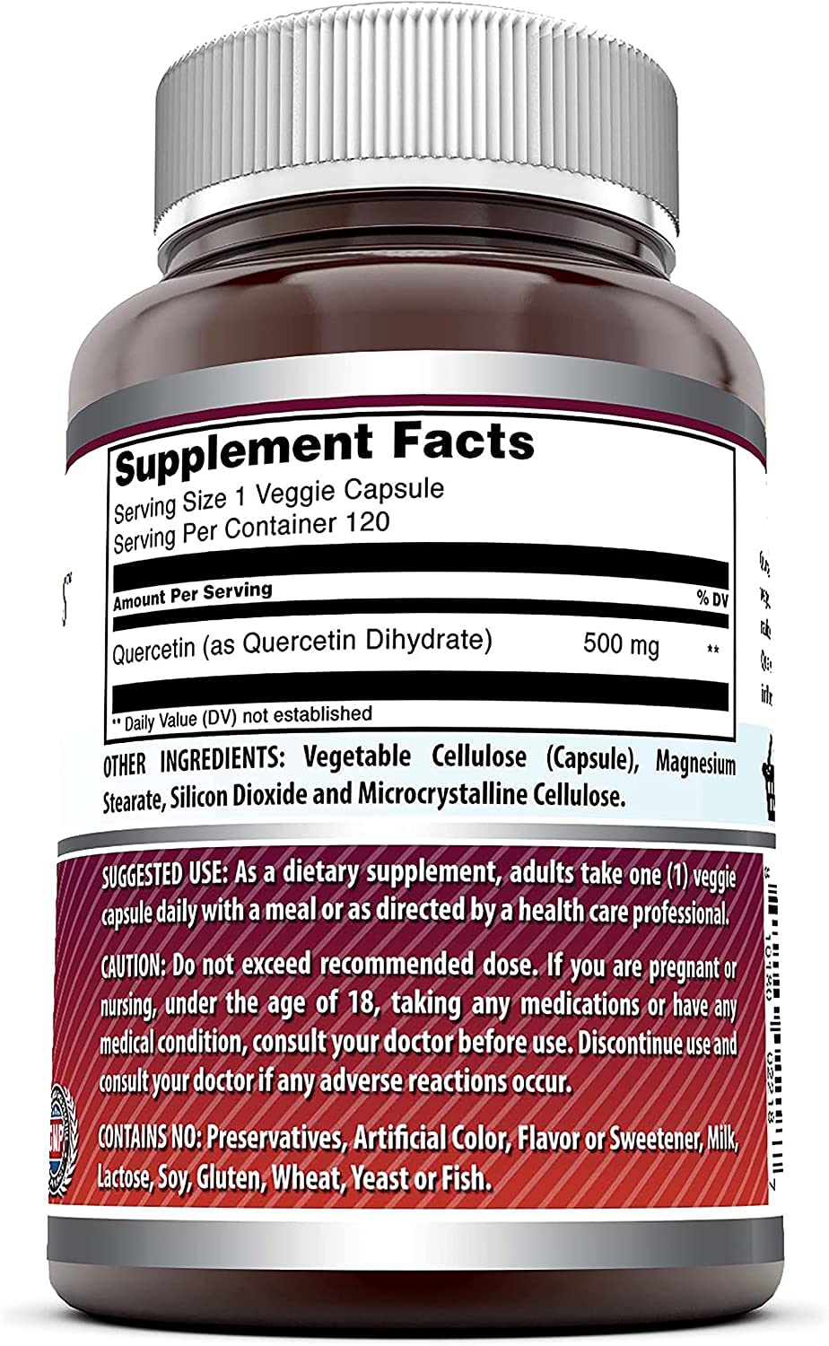 Amazing Nutrition Quercetin capsules label highlights non-GMO and gluten-free.