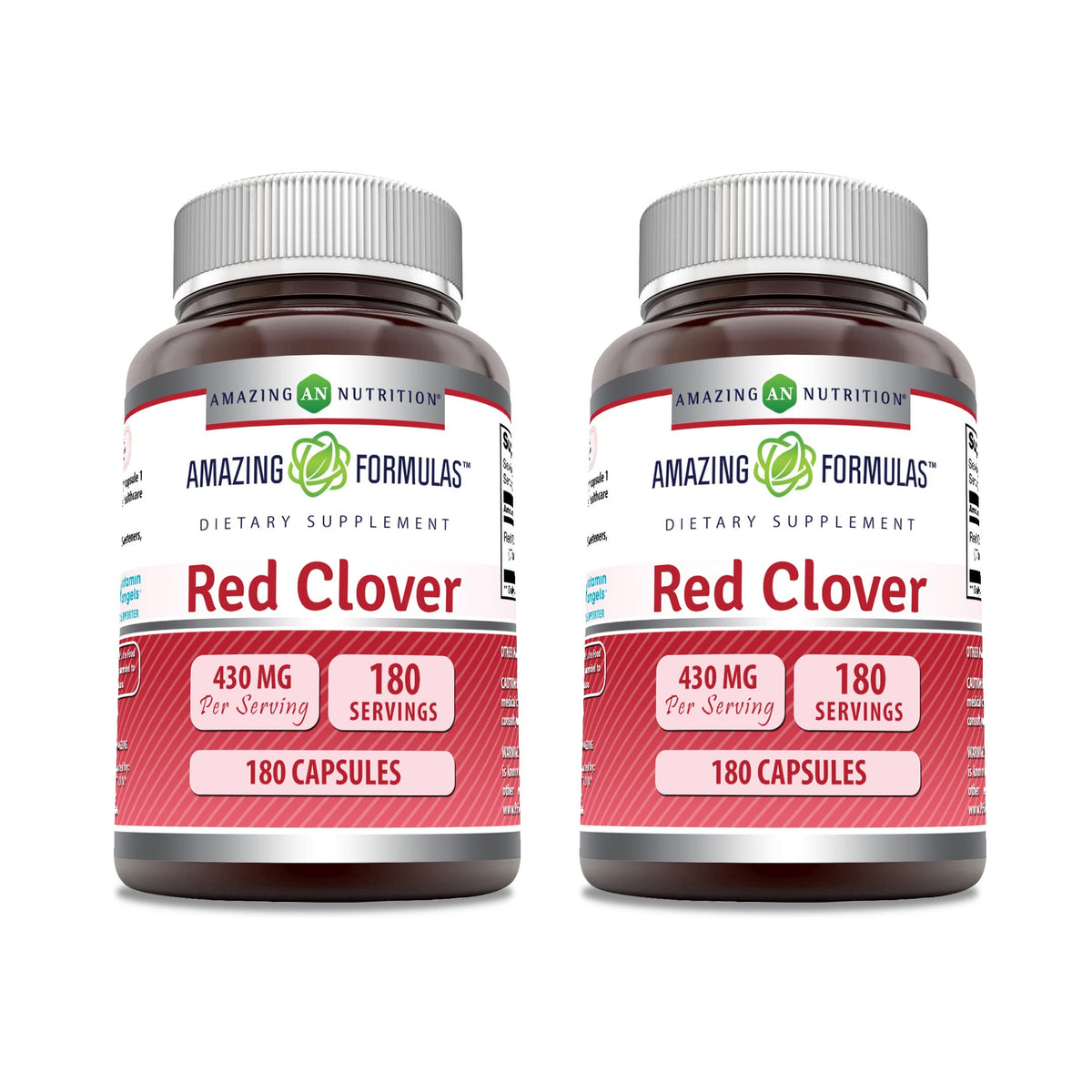 Amazing Nutrition red clover supplement bottle showing 430 mg per capsule and gluten-free formula.