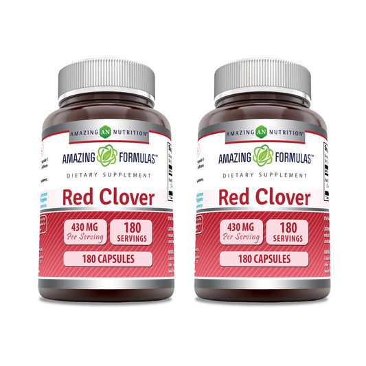 Amazing Nutrition red clover supplement bottle showing 430 mg per capsule and gluten-free formula.