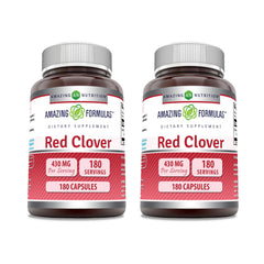 Amazing Nutrition red clover supplement bottle showing 430 mg per capsule and gluten-free formula.