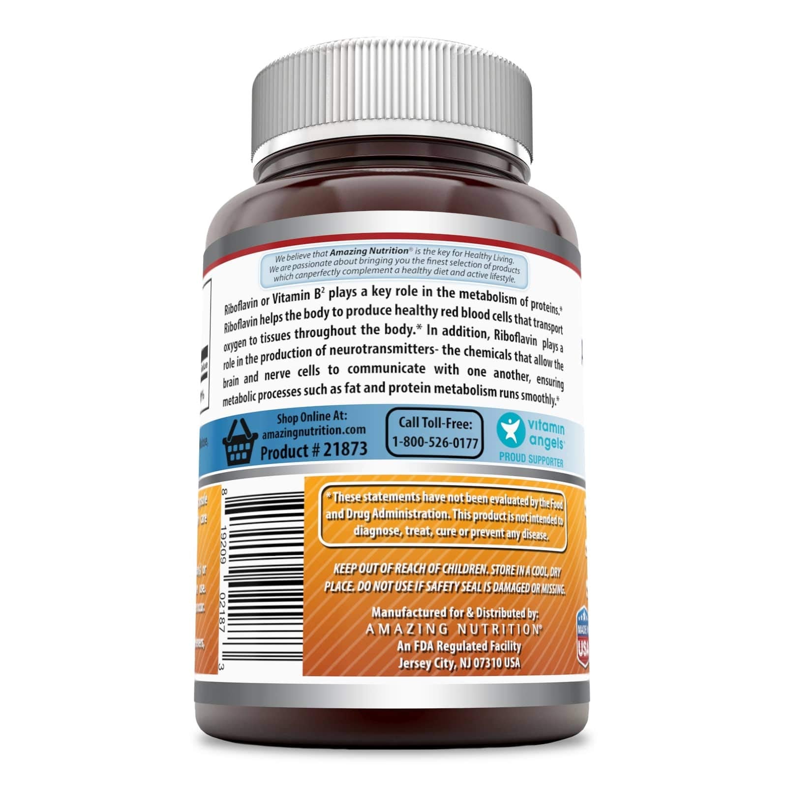 Amazing Nutrition riboflavin capsules image highlights gluten-free, non-GMO formula for nervous system support