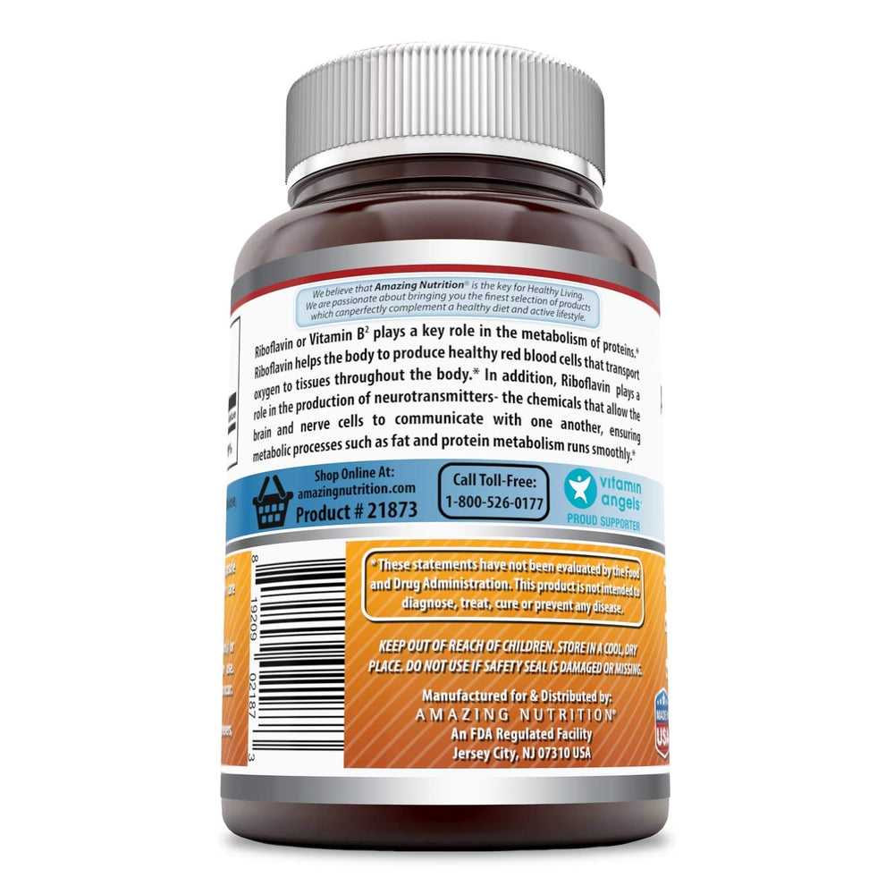Amazing Nutrition riboflavin capsules image highlights gluten-free, non-GMO formula for nervous system support