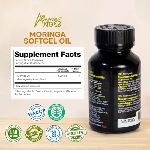 Pouring Amazon Andes Moringa Seed Oil Softgels from the bottle for easy daily use.
