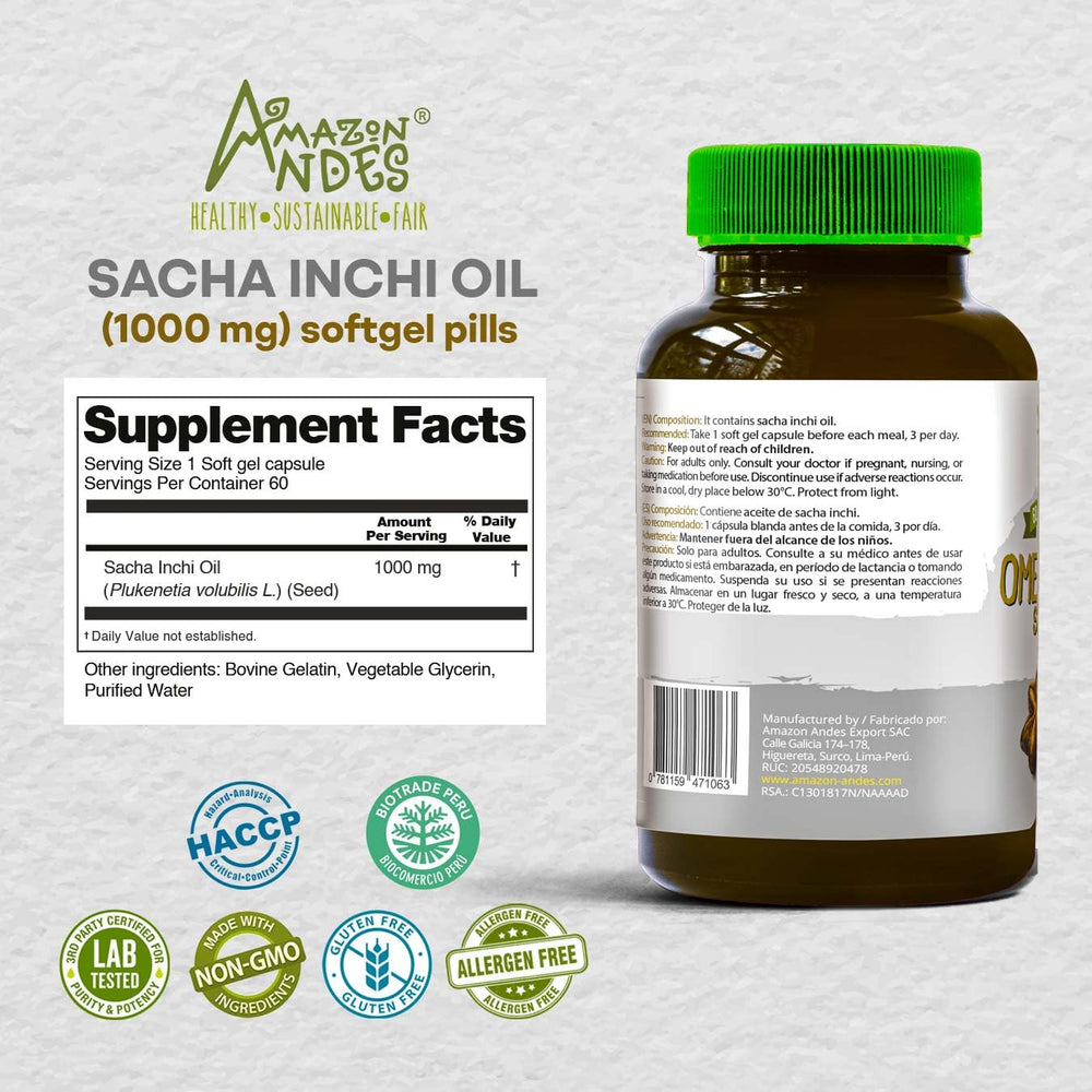 Amazon Andes Sacha Inchi oil softgels capsule close-up—cold-pressed virgin oil for purity.