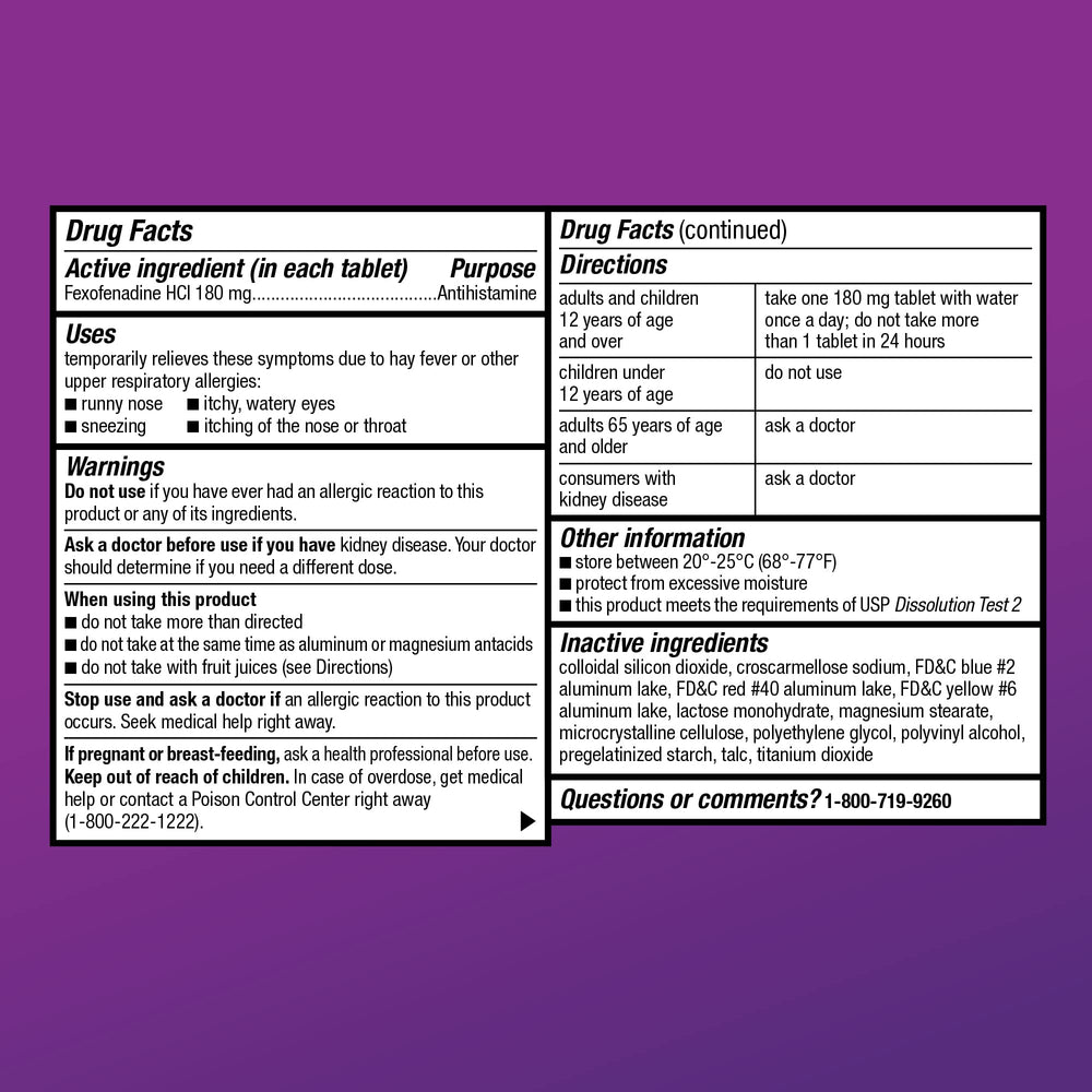 Amazon Basic Care All Day Allergy Relief tablet close-up, non-drowsy feature.