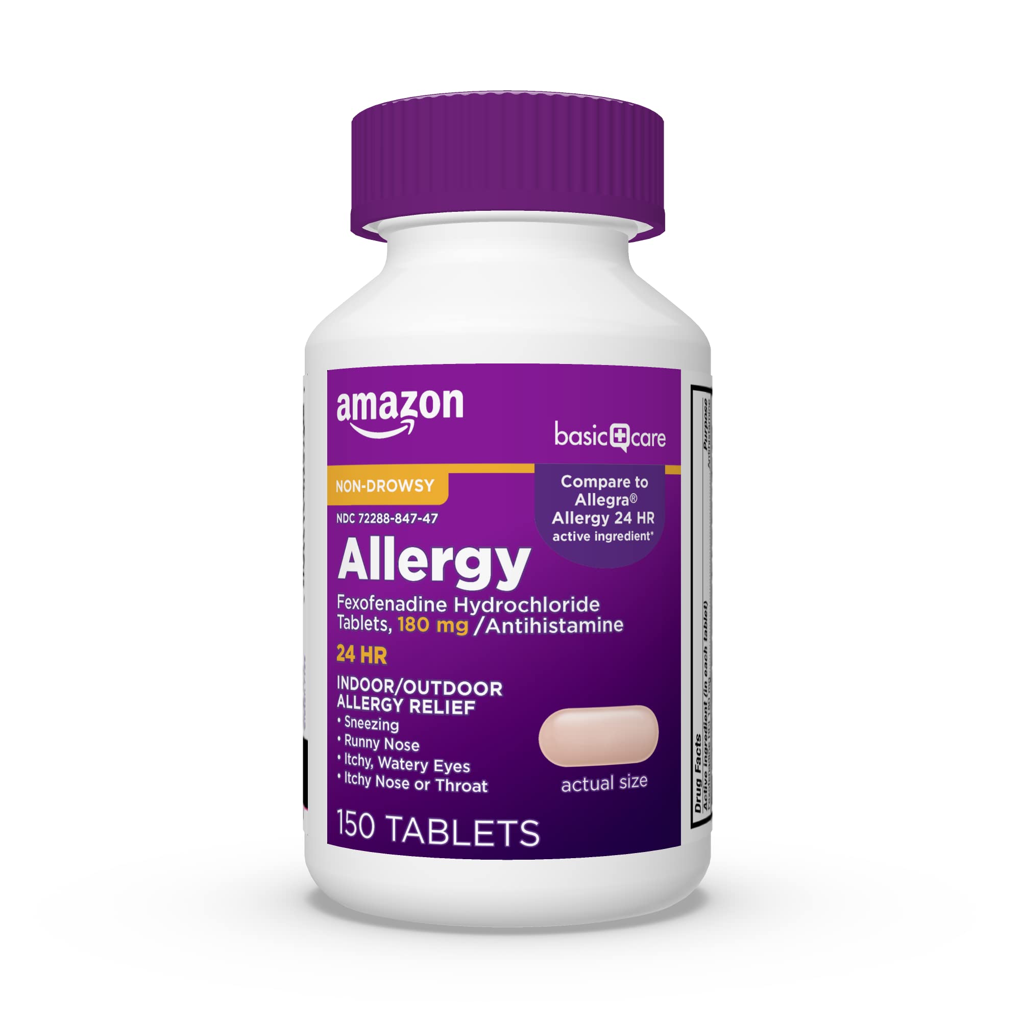 Amazon Basic Care All Day Allergy Relief tablet front view, non-drowsy, 24-hour option.