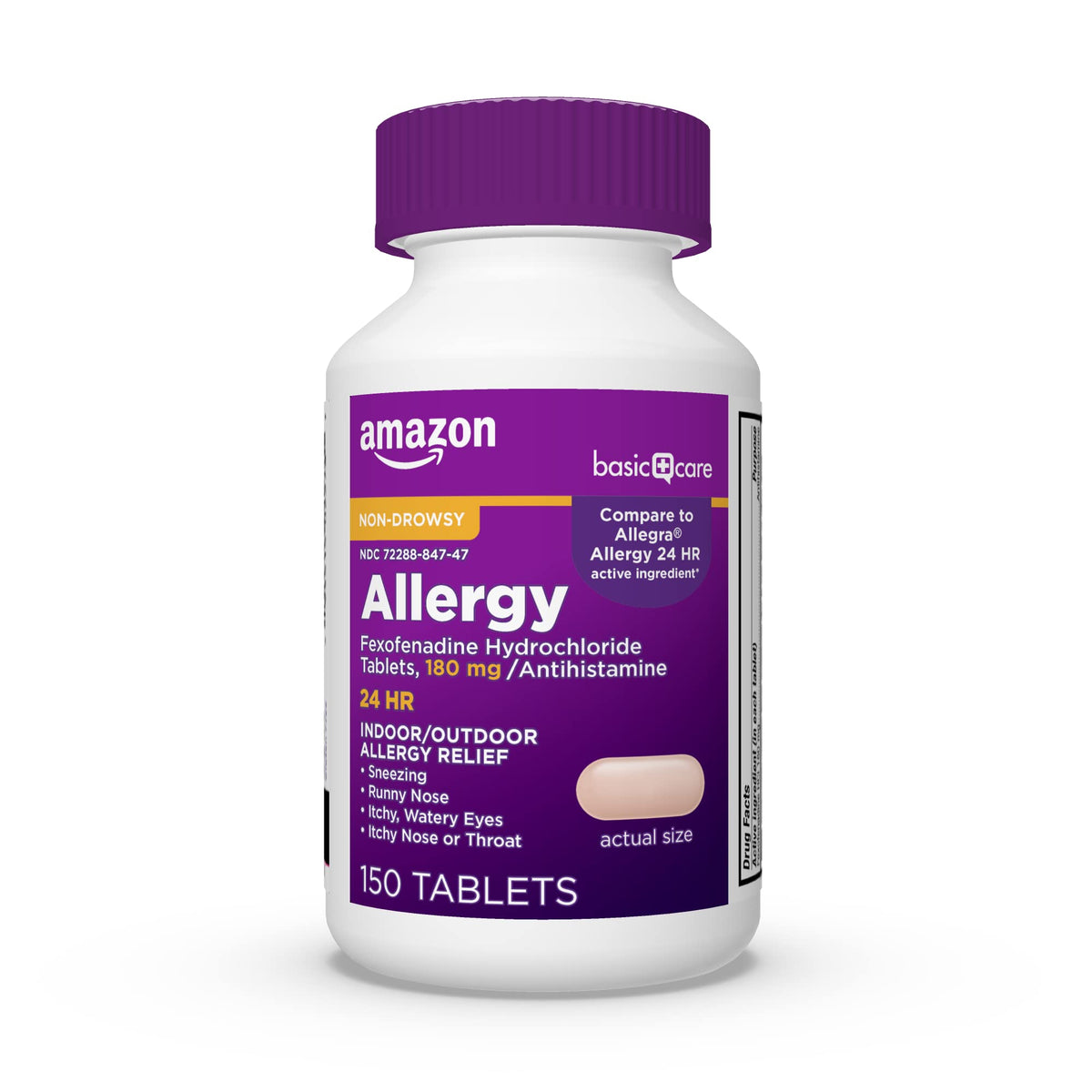 Amazon Basic Care All Day Allergy Relief tablet front view, non-drowsy, 24-hour option.