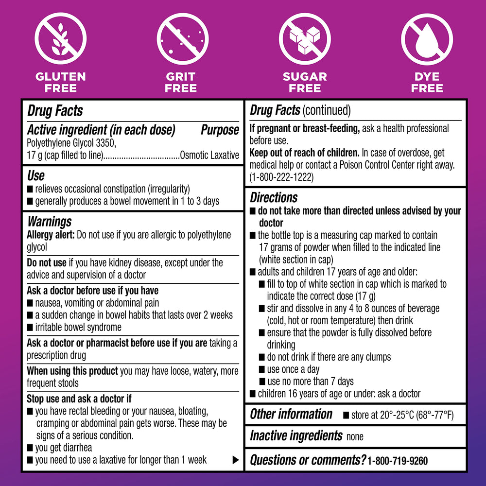 Label highlights Polyethylene Glycol 3350 as the active ingredient.